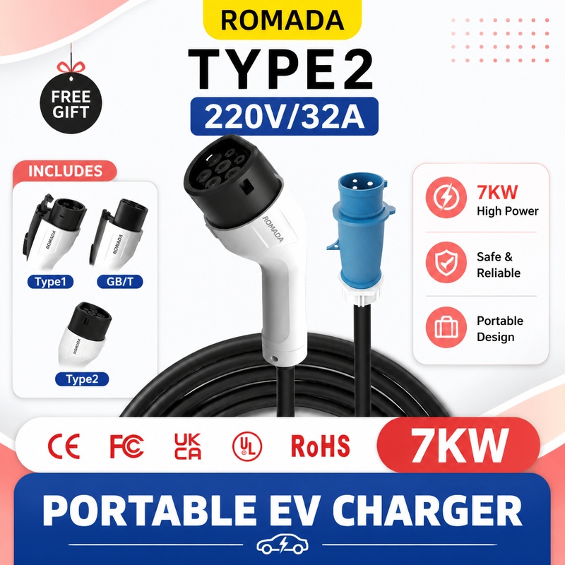 Portable Ev Charger 32A Type 2 Cee Plug - شاحن محمول للسيارات الكهربائية ROMADA بقوة